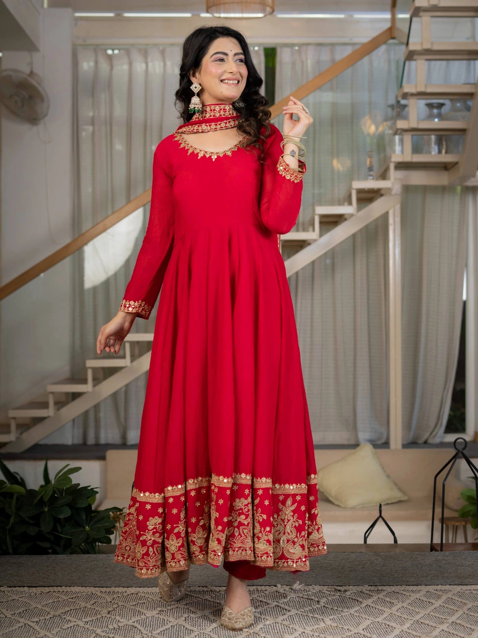 Red Sequins Embroidered Suit – Anarkali Pant Set with Dupatta Kalyanja